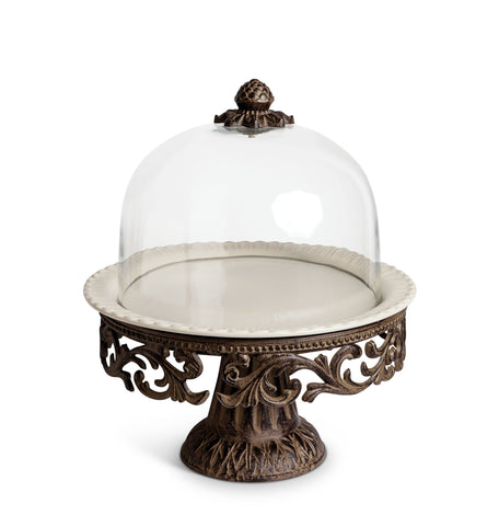 The GG Collection Gracious Goods 16"H Acanthus Leaf Cake Pedestal with Glass Covered Dome - Avenue of Oaks Decor