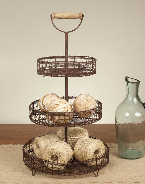RUSTIC WIRE 3-TIER STAND WITH WOODEN HANDLE - Avenue of Oaks Decor