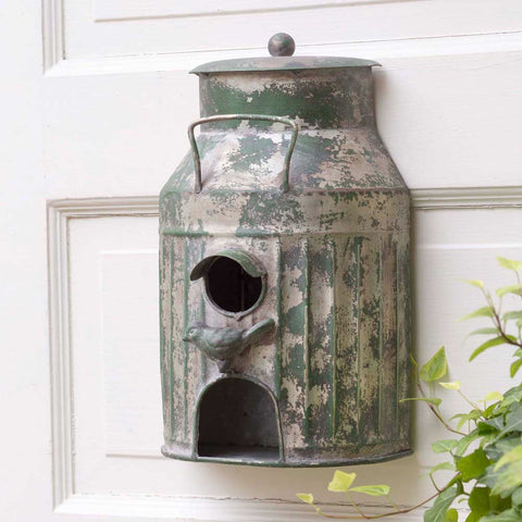 RUSTIC GREEN MILK CAN BIRD HOUSE FEEDER - Avenue of Oaks Decor