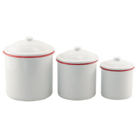 ENAMEL WHITE AND RED RIM CANISTER SET, SET OF 3 - Avenue of Oaks Decor